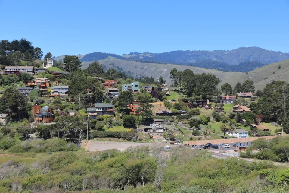 Houses on green hillside in Marin County, California